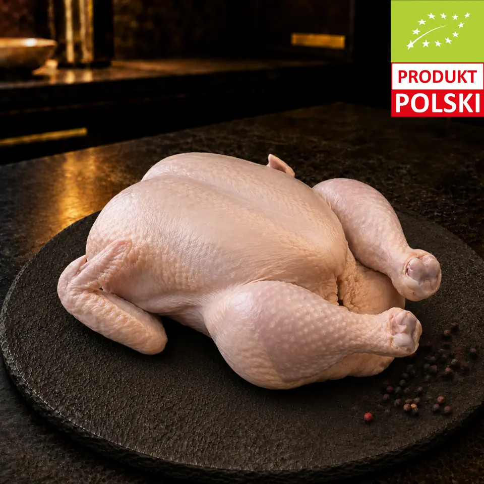 Surowa tuszka kurczaka pastwiskowego na czarnej desce, podana z ziarnami pieprzu.