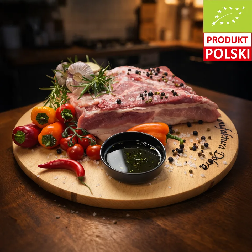 Boczek wieprzowy bez kości EKO z Manufaktury Dobra — surowy kawałek z warstwami mięsa i tłuszczu, ze świń rasy puławskiej, na tle zielonych liści