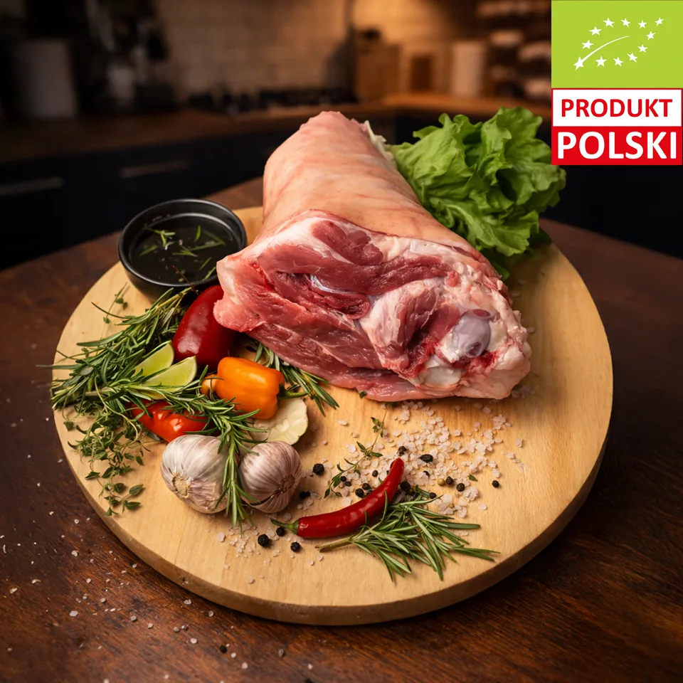 Golonka wieprzowa tylna EKO z Manufaktury Dobra — duża surowa golonka ze świń rasy puławskiej na tle zielonych liści