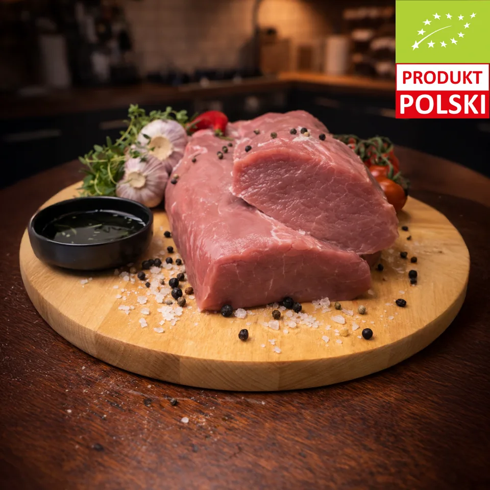 Schab wieprzowy bez kości EKO z Manufaktury Dobra — surowy, chudy kawałek mięsa wieprzowego ze świń rasy puławskiej na tle zielonych liści