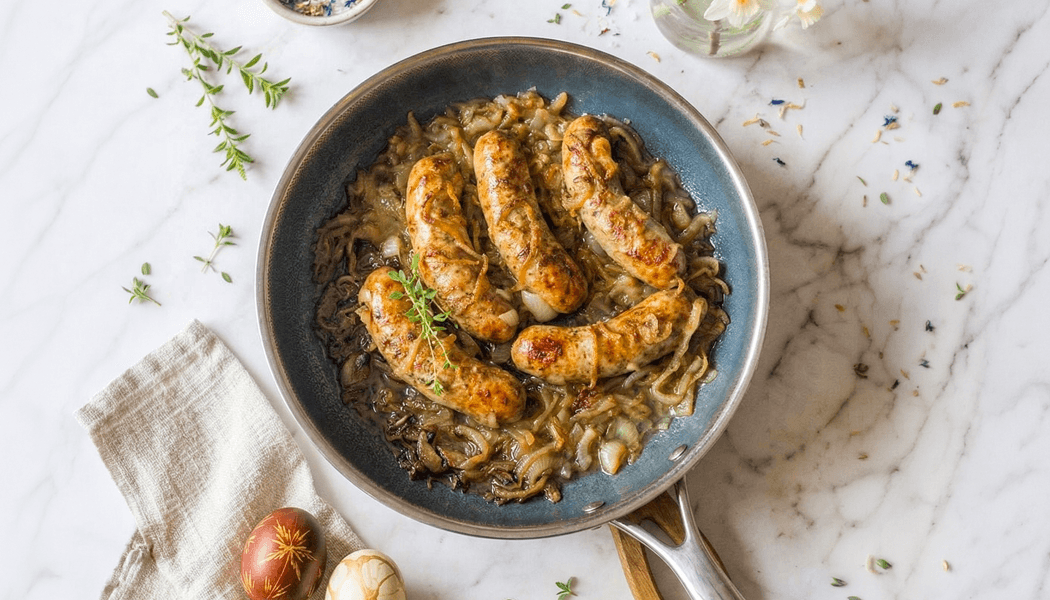 Biała kiełbasa pieczona z cebulą i piwem na patelni