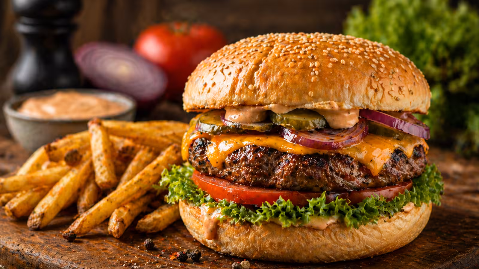Jak zrobić hamburgery — soczysty domowy burger z roztopionym serem cheddar, świeżymi warzywami i domowymi frytkami na drewnianej desce