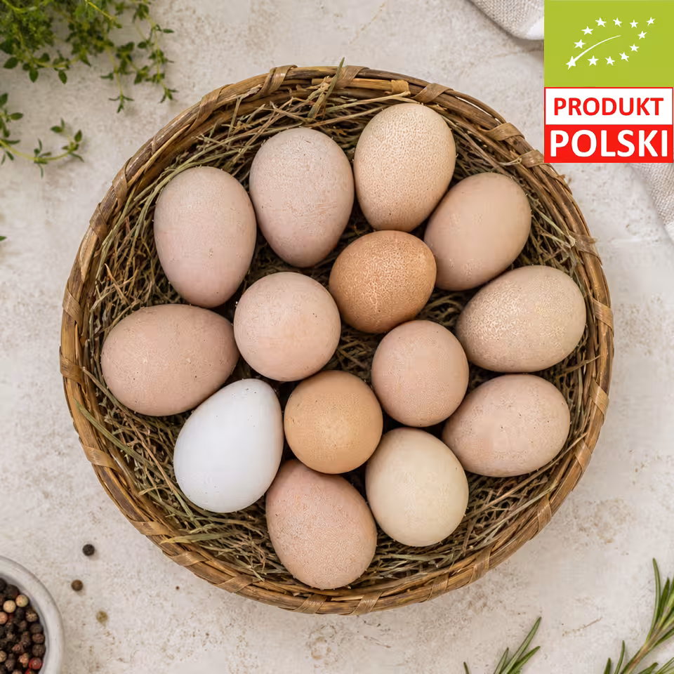 Jaja perlicze EKO ułożone w wiklinowym koszyku na sianie — 10 sztuk z certyfikowanej hodowli pastwiskowej Manufaktury Dobra, z certyfikatem euroliść