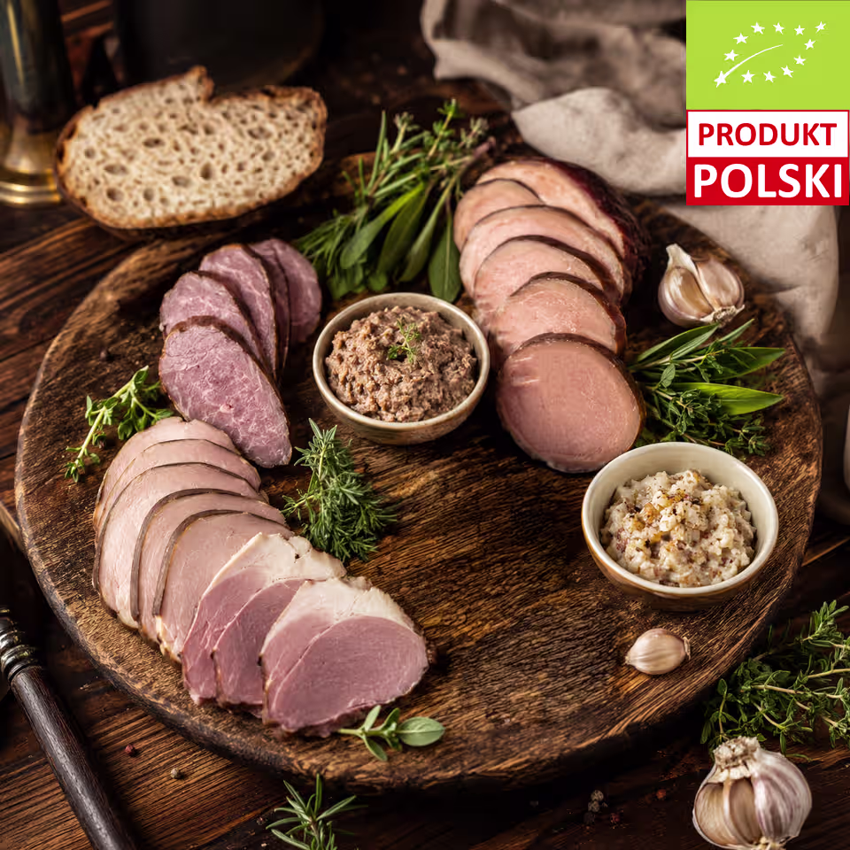 EKO box degustacyjny na drewnianej desce — plastry kiełbasy krakowskiej, piersi z kaczki i kiełbasy z gęsi, miseczki pasztetu i smalcu, chleb i świeże zioła